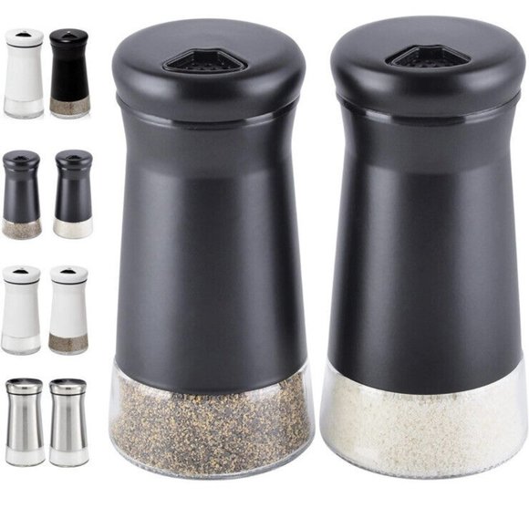 Salt & Pepper Glass Shaker Set Farmhouse BLACK Adjustable Pouring Holes - Picture 1 of 5